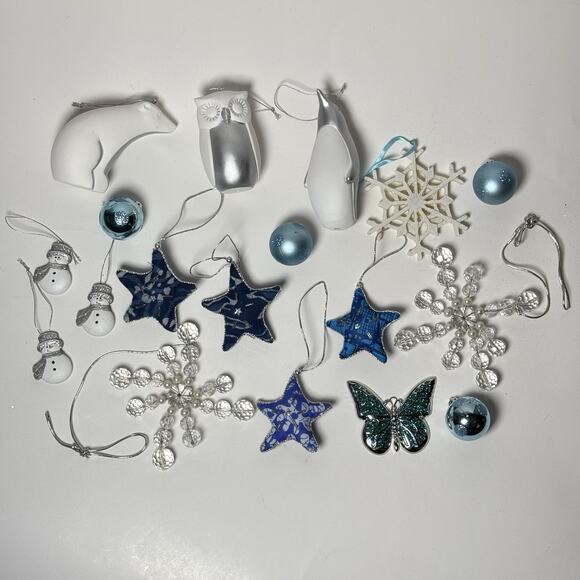 Other - Lot of 17 Blue White and Silver Ornaments Christmas Tree Decorations